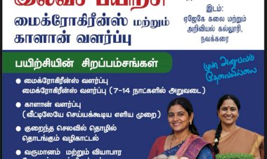 பெண்களுக்கான இலவச மைக்ரோகிரீன்ஸ் காளான் வளர்ப்பு பயிற்சி  பிப்ரவரி 11ல் நவக்கரையில்